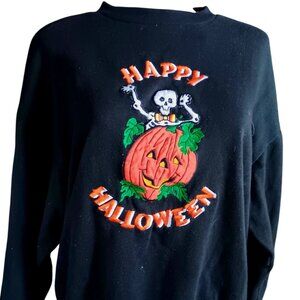 Large Women's Vintage Halloween Sweat Shirt Scary Skeleton Pumpkin Embroidered